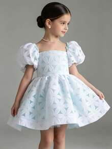 Robe courte élégante à motif floral et manches à volants pour jeune fille. Robe de princesse pour anniversaire, bal, soirée de gala, vacances en plein air, mariage, printemps/été - Bleu ciel - Voir 2