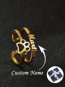 Customized Name Ring, Customizable Name Ring, Personalized And Simple Couple Ring, Unique Heart-Shaped, Cat Paw Name Ring, Women's Ring, Stainless Steel Ring, Women's Popular Jewelry, Anniversary, Birthday, Mother's Day, Ramadan Gifts - Multicolor - View 1