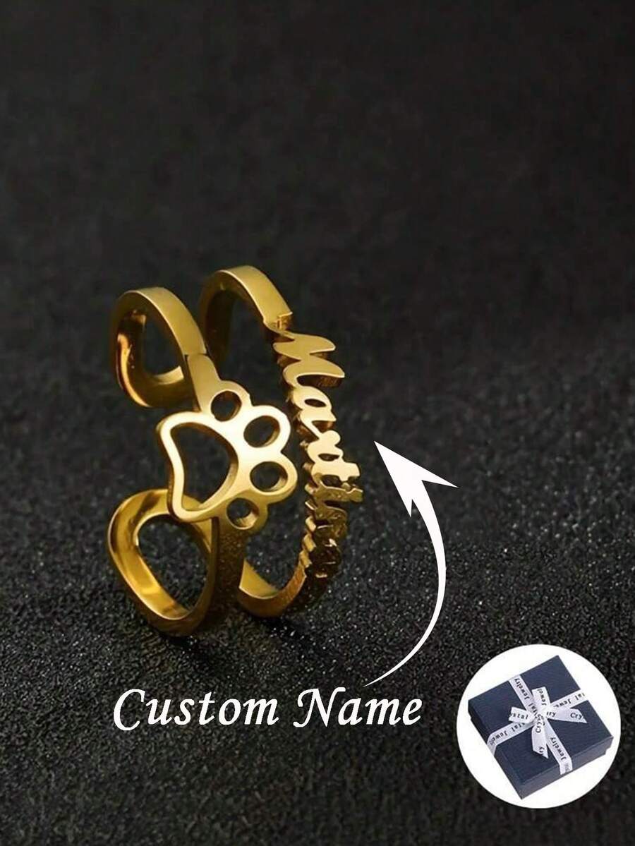 Customized Name Ring, Customizable Name Ring, Personalized And Simple Couple Ring, Unique Heart-Shaped, Cat Paw Name Ring, Women's Ring, Stainless Steel Ring, Women's Popular Jewelry, Anniversary, Birthday, Mother's Day, Ramadan Gifts - Multicolor - View 1