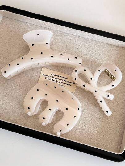 3pcs/1pc White Polka Dot Bow Hairclips, Fashion M-Shaped Hair Claw Hair Accessories, Elegant Minimalist Design, Suitable For Daily, Casual, Party, Beach, Vacation, Hairstyling, Washing, Makeup, Outfit Decoration, Spring/Summer/Autumn/Winter,Festival,Birthday