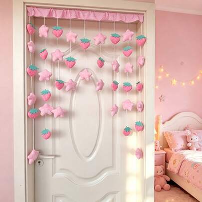 Rèm cửa bằng vải nhung mềm mại hình quả dâu tây và ngôi sao, không cần khoan, dùng để che chắn riêng tư và trang trí cho ngôi nhà.
