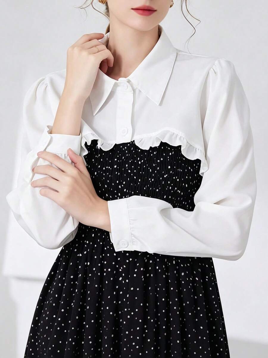一件女士时尚长袖假领披肩罩衫,短款雪纺披肩领小外套,多功能蕾丝边饰罩衫,适合旅行、外出、迪斯科、毕业典礼等场合穿着 - 彩色 - 查看 1