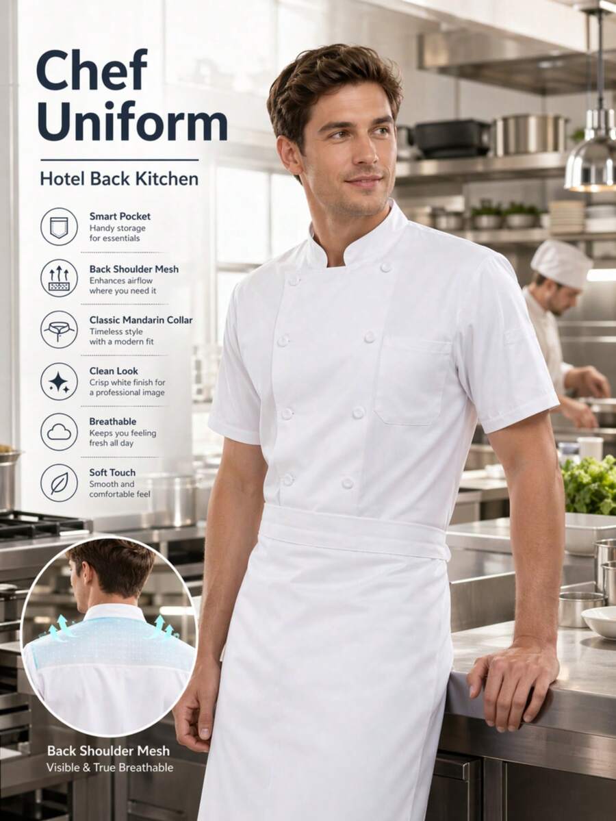 Premium Chef Jacket With Chest Pocket, Short Sleeve, Breathable Mesh Back, Solid Color Stand Collar Design, Suitable For Restaurant, Kitchen, Bakery, Machine Washable [White] - White - View 1