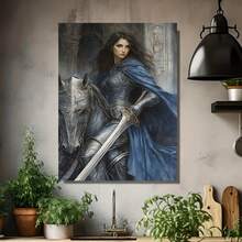 []1 pieza, Pintura en lienzo - Sin marco, Caballero femenino con capa azul cabalgando, Decoración de pared para dormitorio, sala de estar, cocina, oficina, café, bar, dormitorio, pósteres de arte para pasillos, ideal para cumpleaños y regalos únicos para días festivos - Enmarcado - Ver 4