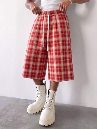  Quần short nam Fractyr màu đỏ kẻ caro, dáng rộng, ống rộng, chất liệu mềm mại, phong cách đường phố preppy, có dây rút, kiểu dáng thường ngày retro Y2K cho mùa hè.