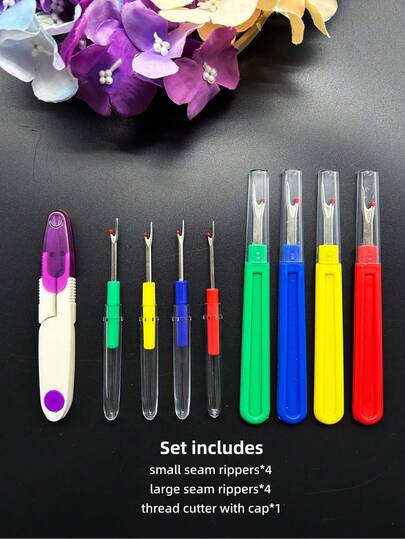 Bộ dụng cụ tháo chỉ 9 món, bao gồm 4 màu (đỏ, vàng, xanh dương, xanh lá cây) gồm kéo tháo chỉ nhỏ và lớn + 1 kéo thêu màu tím, phù hợp với nhiều trường hợp tháo chỉ khác nhau, mỗi dụng cụ đều có vỏ bảo vệ chống bụi riêng, chống trầy xước và chống oxy hóa, có thể tháo nhiều loại chỉ, lý tưởng cho việc sửa chữa quần áo, nhặt chỉ thừa, tháo chỉ thêu, chính xác và thân thiện với vải.