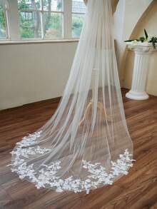 1pc Floral Print Mesh New Wedding Veil Accessory, 4-Season Long Small Chapel Train Soft Tulle, 2026 White Lace Bridal Veil With Hair Comb - White - View 2