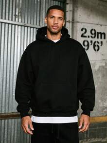 1PC Men's Black Solid Color Drop Shoulder Long Sleeve Drawstring Pocket Casual Hoodie, Autumn/Winter, Suitable For Work, Daily Office Sports, And As A Gift For Husbands And Boyfriend - Black - View 3