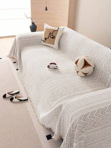 1pc Geometric Pattern Tassel Bohemian Style Sofa Cover - Machine Washable, Pet-Friendly Sofa Protector Blanket Suitable For Single/Double/Triple/Quadruple Sofa, Home Decor Essential - Khaki - View 3