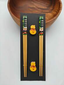 2 Pairs Japanese Natural Bamboo Chopsticks With 2 Bamboo Chopstick Rests Set, Japanese Print Bamboo Chopsticks And Natural Wooden Chopstick Holder - Multicolor - View 30