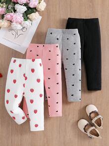 4pcs Girls Casual Solid Color Soft Stretchy Pants, Heart & Strawberry Print, Suitable For Spring/Summer - Multicolor - View 1