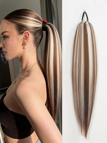 26" Long Synthetic 6-Strand Golden Highlights/Black Blonde Highlights Straight Soft Natural Ponytail Ponytail Extensions Elastic Band Wrap Around Straight Ponytail Extension For Women - Multicolor - View 11