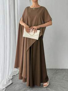 Autumn/Winter New Women's Round Neck Batwing Sleeve Asymmetric Dress Elastic Waist Skirt Colorblock 2-Piece Set, Purple Elegant Luxury Party Gathering Cocktail Dress Long Skirt, Fashion Loose Women's Outfit - Coffee Brown - View 5