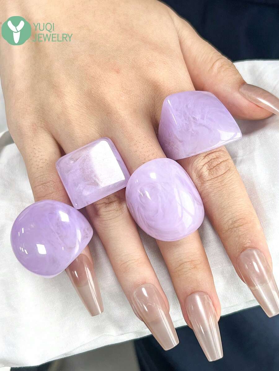 4pcs Thick Rectangular Resin Rings, Multi-Color Frame Design, Stackable, Versatile Fashion Jewelry Gift For Women, Suitable For Daily Wear And Parties - Multicolor B - View 1