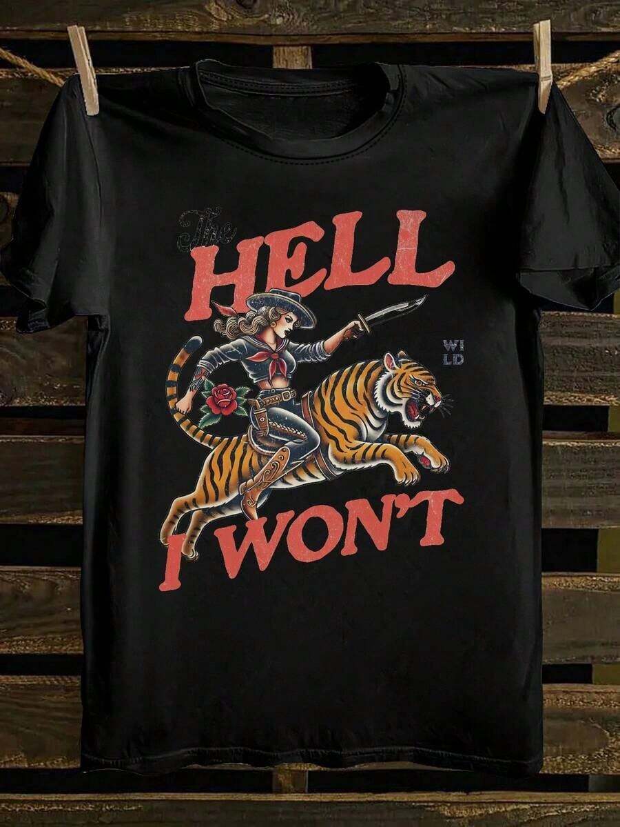 100% cotton Camisa de manga corta de vaquera "¡Yo no quiero!" para damas: camiseta de cuello redondo con motivos de jinetes de tigres vintage y tatuajes del oeste, un top casual con estilo salvaje del oeste.Esta es una camiseta de algodón puro para damas, suave, suple y versátil, adecuada para el trabajo diario, salidas casuales y deportes.Es una camiseta de algodón puro para damas de primavera y verano, holgada, cómoda y con un toque deportivo, muy adecuada como camiseta base. - Negro - Ver 1