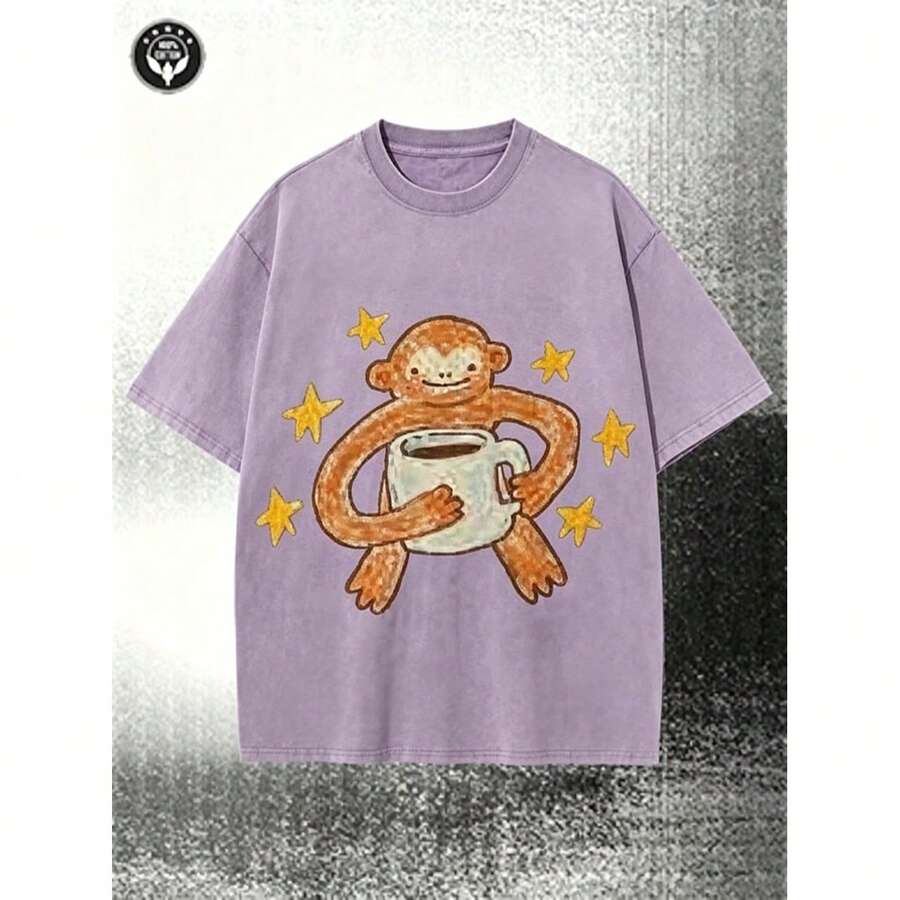 Vintage Washed BlackT-Shirt, Cute Cartoon Monkey With Coffee Cup & Yellow Stars Print Tee,Retro Distressed Oversized Short Sleeve Casual StreetwearTop - 紫色 - 查看 1