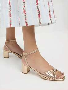 2026 New French Retro Woven Hollow Open Toe High Heel Sandals, Mid Heel One-Strap Women Sandals - Gold - View 2
