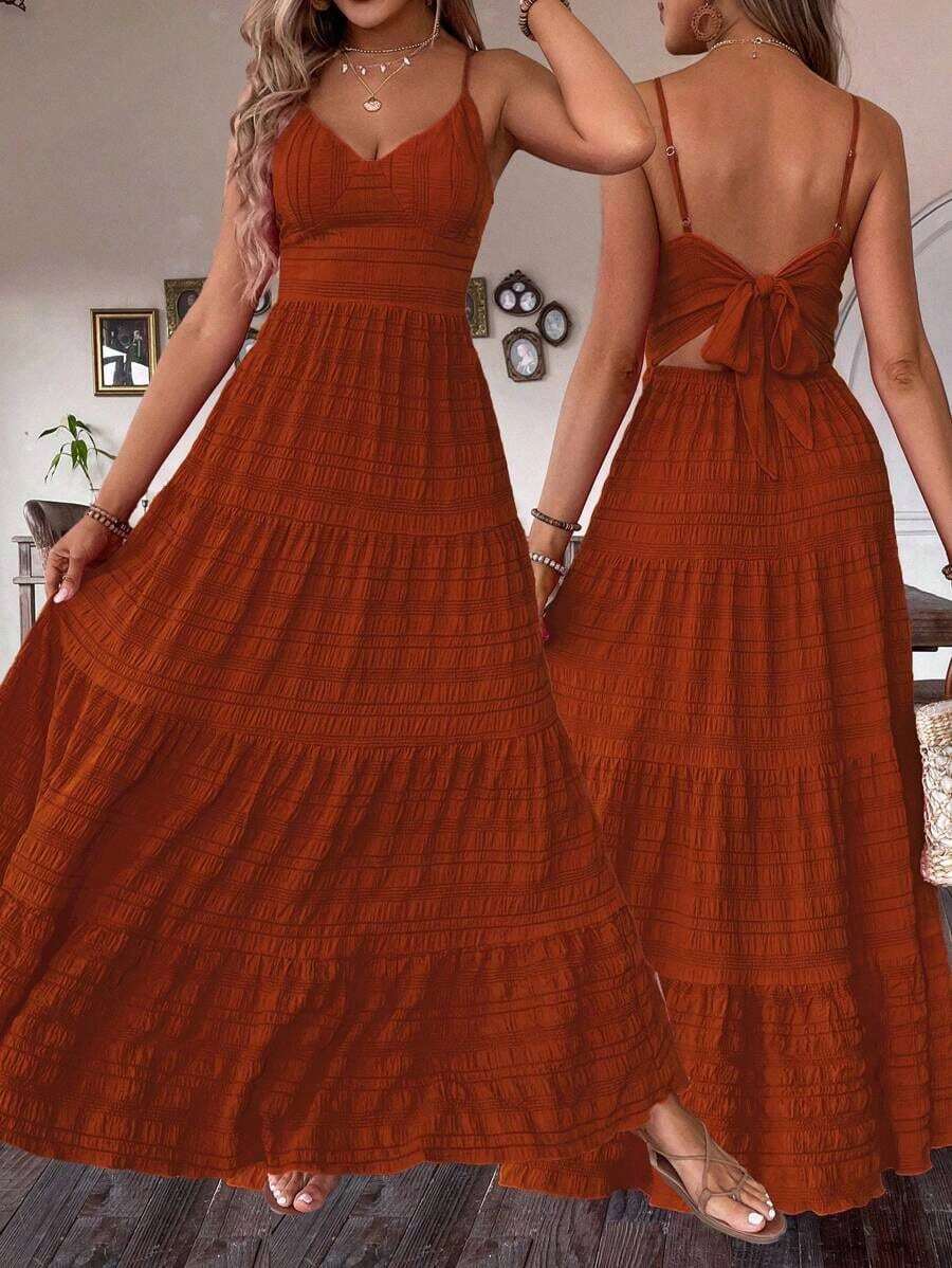 Vestido blanco vintage con estilo campestre, con volantes y parches, ideal para invitados de boda o cumpleaños, con lazo para mujeres - Naranja - Ver 1