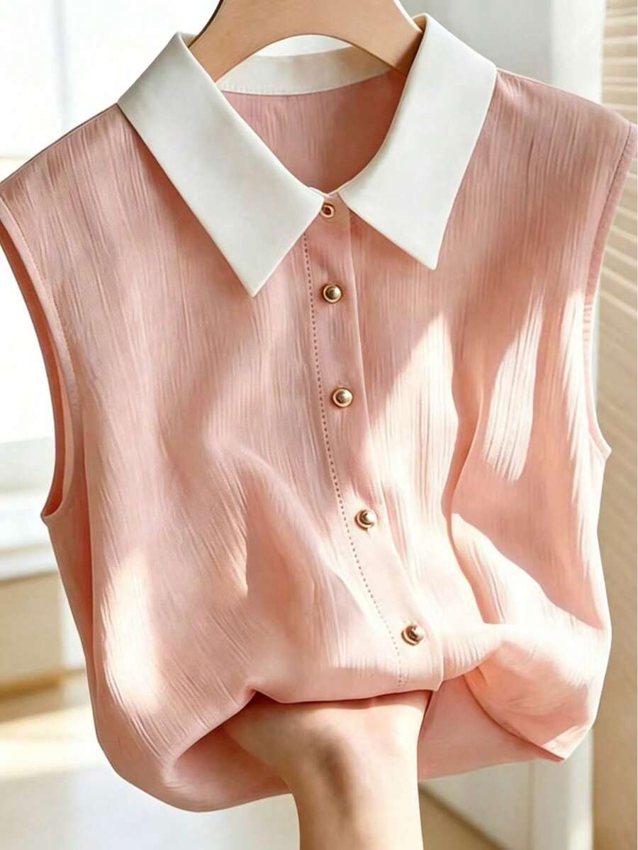 Women's Solid Color Splicing Collar Front Button Sleeveless Top, Spring/Summer Pink - Pink - View 1