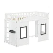 Bunk Bed, House-Style Bed, With Stairs, Fall Protection And Railing, Children's Bed With Window, Freely Configurable Lower Bed, Pine Frame, Pine+MDF, White, 90x200cm - White - View 8
