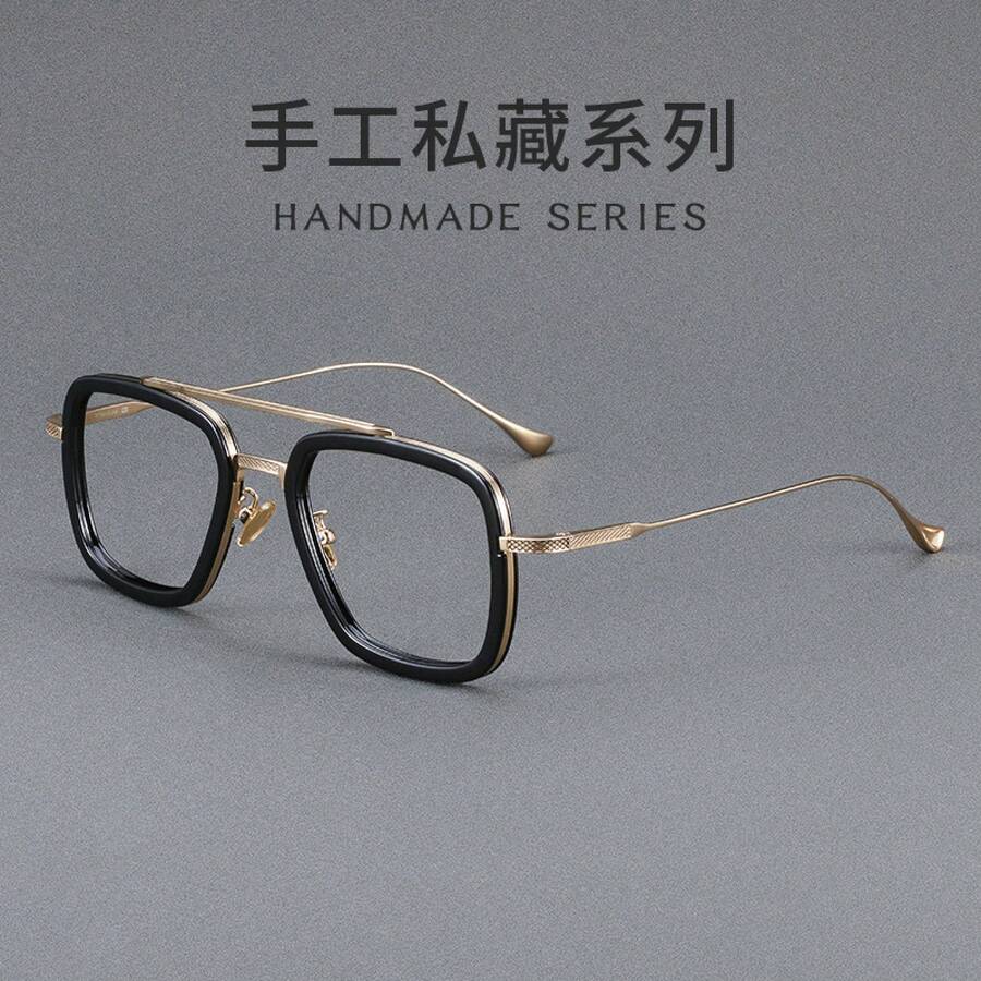 Gafas graduadas para hombre con montura de titanio ultraligera estilo, lentes planas de doble viga anti-luz azul, gafas Danyang. - Negro y oro - Ver 1