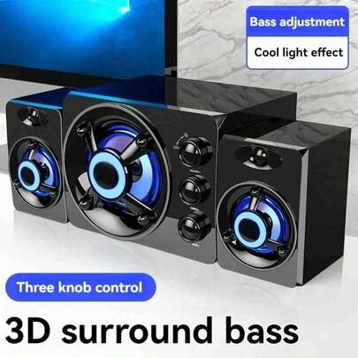 3件套有线电脑音箱，带独立低音/高音旋钮调节、USB接口、高保真立体声，适用于游戏/视频/台式电脑，RGB灯光