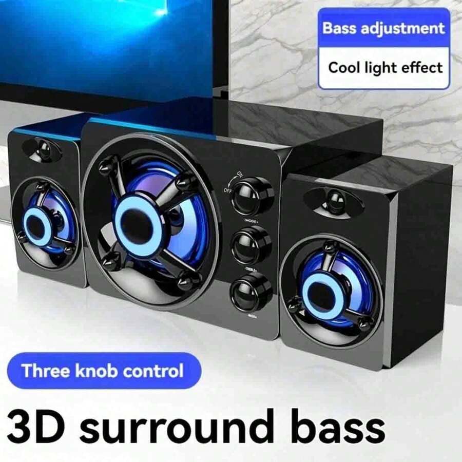 3件套有线电脑音箱，带独立低音/高音旋钮调节、USB接口、高保真立体声，适用于游戏/视频/台式电脑，RGB灯光
