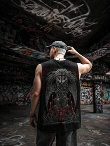 Men's Wide Shoulder Dark Sleeveless Tank Top, Round Neck Knit Fabric, Suitable For Summer Sports Training Basketball Tank Top - Black - View 1