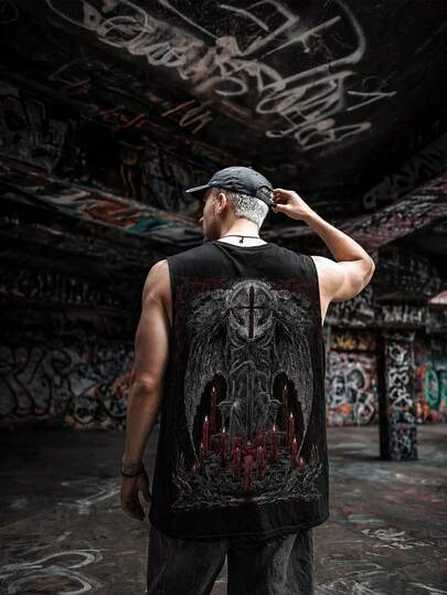 Men's Wide Shoulder Dark Sleeveless Tank Top, Round Neck Knit Fabric, Suitable For Summer Sports Training Basketball Tank Top