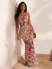 Women's Floral Print Halter Criss-Cross Wrap Sleeveless Dress, Resort Dresses For Women, Sexy Outfits For Women, Vacation Outfits ,Sexy Outfits For Women, Elegant Dress For Women,Date ,Going Out, Party, Club Outfits, Women Concert Dress,For Autumn And Winter, Mermaid, Bohemian Outfits, Ibiza Outfits, Western Style - Màu be - Xem 6