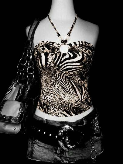 Y2K Retro Beige & Black Animal Print Beaded & Ring Decor Lace-Up Halter Neck Tank Top Casual