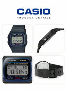 Casio F-91W-1 Classic Black Digital Watch Unisex Retro Square LCD Alarm Chronograph Water Resistant Resin Band | Iconic Vintage 90s Streetwear Watch Daily Wear School Campus Skate Park Gift for Teen Boy Girl Best Friend - 黑色 - 查看 5
