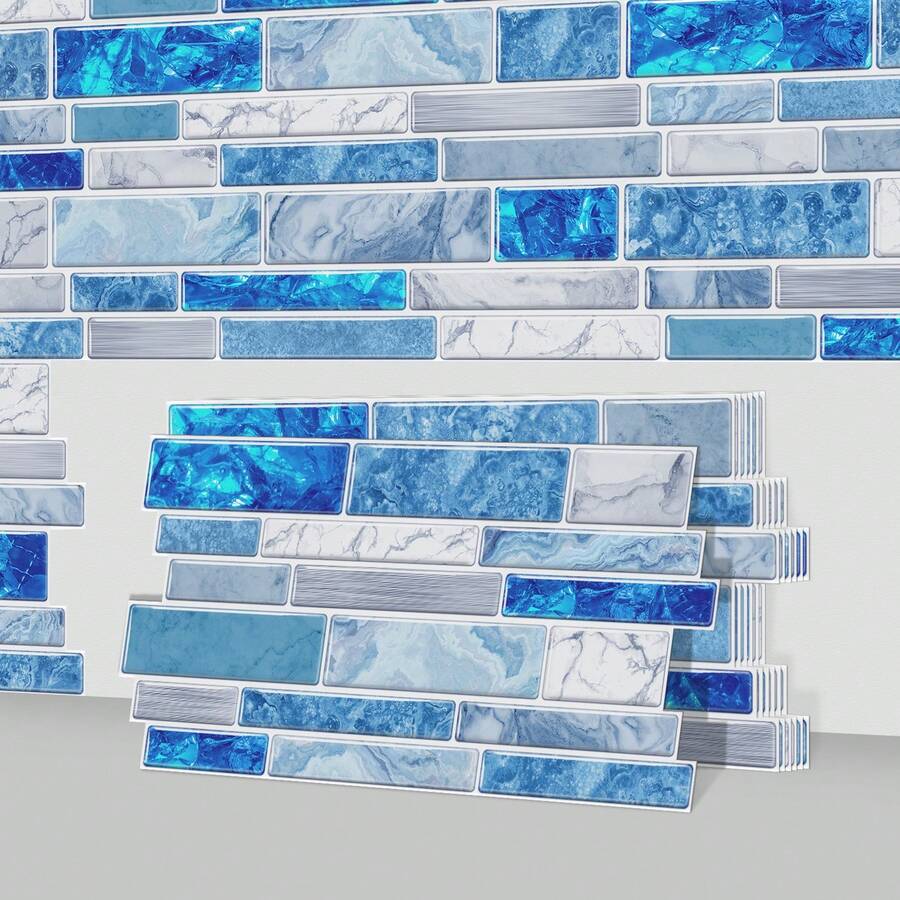 Ocean Blue Marble Pattern Wall Stickers, Easy To Cut And Paste, Waterproof And Oil-Proof For Home, Kitchen, Bathroom Decor, Available In 7/14/28/42 Pieces