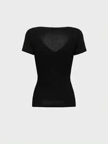 Casual Elegant Basic Short Sleeve Square Neck Top, Suitable For Daily Wear, Commuting, Going Out, Spring And Summer Black - Black - View 7