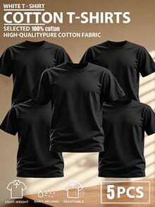 5pcs/Set 100% High-Quality Pure Cotton Men'S Round Neck T-Shirt Made From A Carefully Chosen, Offering Softness And While Being Durable And Fashionable Everyday Appearanc Soft And Comfortable, Suitable For Fitness, Outdoor And Casual Wear All Year Round - 黑色 - 查看 1