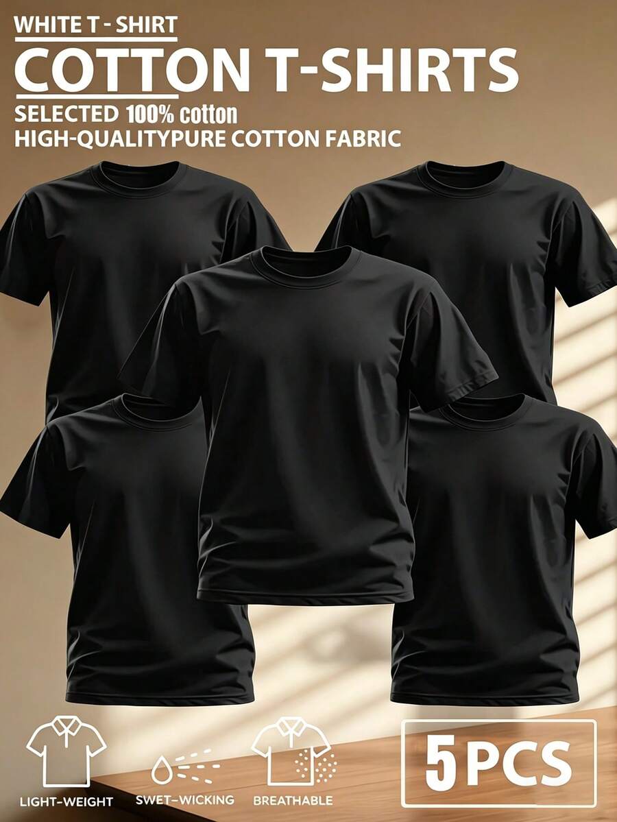 5pcs/Set 100% High-Quality Pure Cotton Men'S Round Neck T-Shirt Made From A Carefully Chosen, Offering Softness And While Being Durable And Fashionable Everyday Appearanc Soft And Comfortable, Suitable For Fitness, Outdoor And Casual Wear All Year Round - 黑色 - 查看 1