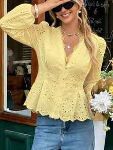 Women's Commuting, Casual, Versatile Yellow Embroidered Blouse With Lace Trim, Mushroom Button, Ruched Waist, Lined, Elastic Cuff Long Sleeve, Suitable For Work, Beach, Holiday, Spring/Summer/Autumn - Yellow - View 4