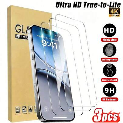 Bộ 3 miếng dán màn hình siêu mỏng, độ phân giải cao, kính cường lực độ cứng cao, chắc chắn và bền bỉ, chống trầy xước và mài mòn, phản hồi cảm ứng nhanh và chính xác, chống dầu và dấu vân tay, chống nước và dễ lau chùi, tương thích với iPhone và các dòng điện thoại khác.