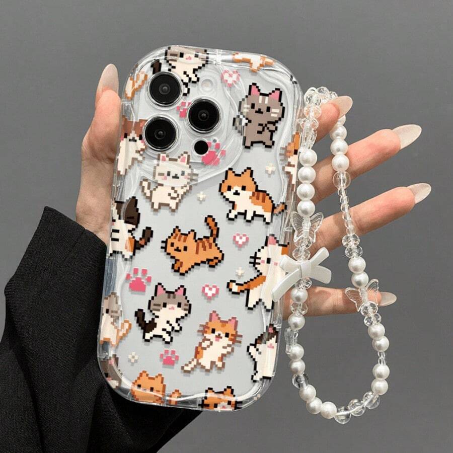 两件套（可爱像素猫爪印手机壳+蝴蝶结手链），透明奶油色纹理平面印花手机保护壳，TPU材质，全摄像头保护，防震防摔，多功能手机壳，兼容 16 Pro Max/16 Plus/16 Pro/16/15 Pro Max/15 Plus/15 Pro/15/14 Pro Max/14 Plus/14 Pro/14/13 Pro Max/13 Pro/13/12 Pro Max/12 Pro/12、A60、Galaxy S25、S24、S23、C65 4G、A54、E13、G14、Smart 10、13 4G - 無色 - 查看 1