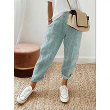 Loose Casual Women's Trousers With Jacquard Woven Stripes And Patchwork Design, Ideal For Summer - Black - View 11