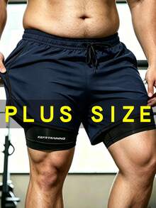 Plus Size Men's Printed Fitness Shorts, 2-In-1 Loose Workout Pants, Elastic Breathable Running Shorts, Summer Sports - Blue - View 5