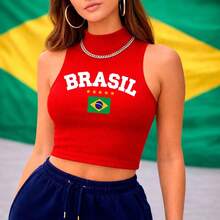 Cropped High Neck Ribbed Tank Top Sizes P To G3 With "BRAZIL" Written On It Summer Fashion Women's Blouse - Red Brazil Written BR - View 1