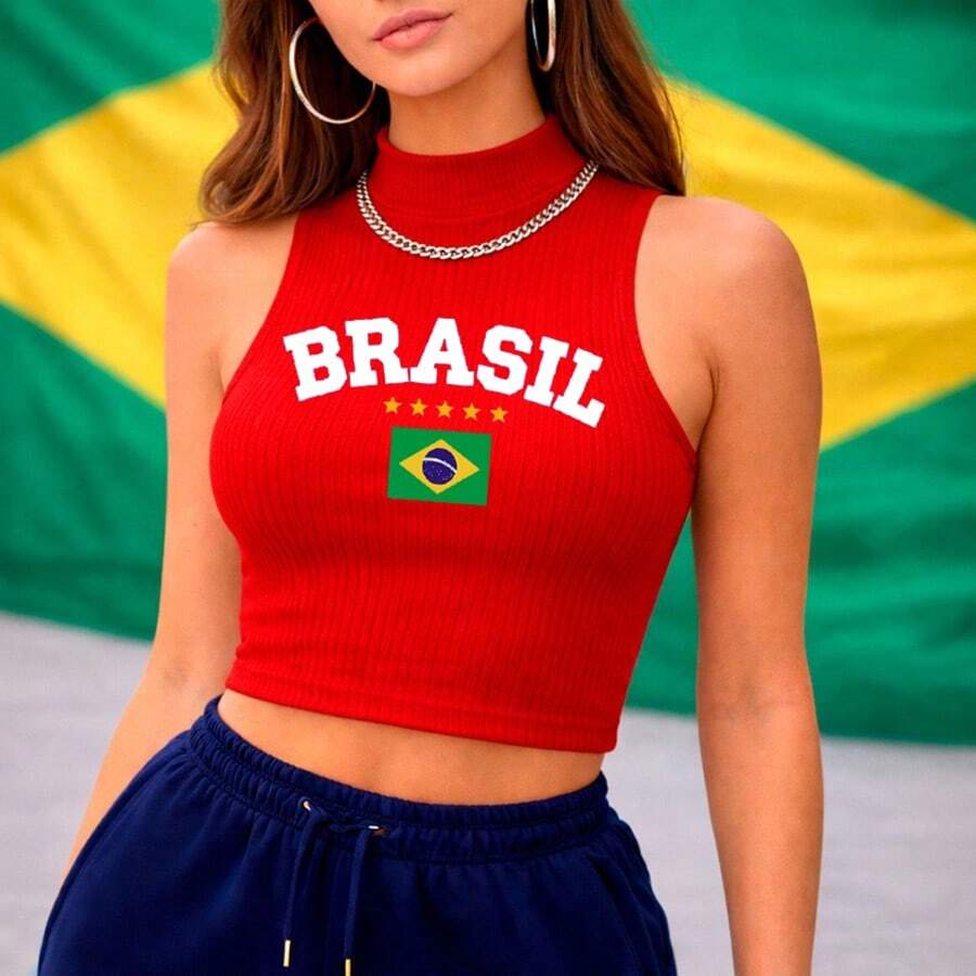 Cropped High Neck Ribbed Tank Top Sizes P To G3 With "BRAZIL" Written On It Summer Fashion Women's Blouse - Red Brazil Written BR - View 1