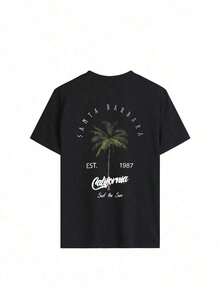 TopsWomen's Casual Round Neck Palm Tree & Letter Print Vacation Style Short Sleeve T-Shirt Top, White & Pink Women's Summer Cotton Short Sleeve T-Shir - 黑色 - 查看 4