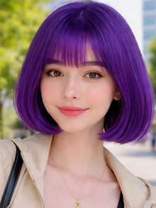 12-Inch Short Purple Bangs Wig, High-Temperature Synthetic Straight Hair, Natural Style, Elegant And Versatile, Suitable For Daily Wear, Parties, And Cosplay For All Women - Purple - View 9