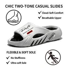 Men's Colorblock Letter Print Thick Sole Sandals, Super Soft Shock-Absorbing EVA Open Toe Slides, Casual Daily Wear Thick Sole Slip-On Slippers (Recommended To Order One Size Up) - Grey - View 7