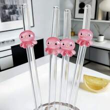 1/4/6pcs Set Cartoon Pink Octopus Shaped Reusable Glass Straws, Valentine's Day Gift, Ocean Theme Party, Family Gathering, Music Festival Essential, Transparent Reusable Straw Tableware Set, Must-Have Drinking Accessory - View 5