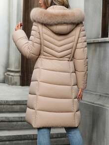Giolshon Women's Fashion Portable Down Jacket With Faux Fur Collar And Hood, Essential Warm Coat For Autumn And Winter - Apricot - View 3