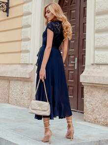 MIUSOL Floral Lace Chiffon Ruffle Hem Formal Party Maxi Dress, Elegant Bridesmaid Gown, For Valentine's Day Wedding Spring - Navy Blue - View 3