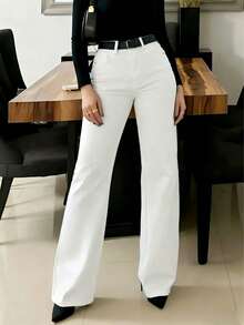 Women's White Casual Elegant Straight Leg Jeans With Pockets, Buttons, Zipper And Moderate Stretch Fabric Spring - White - View 4